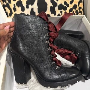 Black Leather Ankle Boots with Red Laces